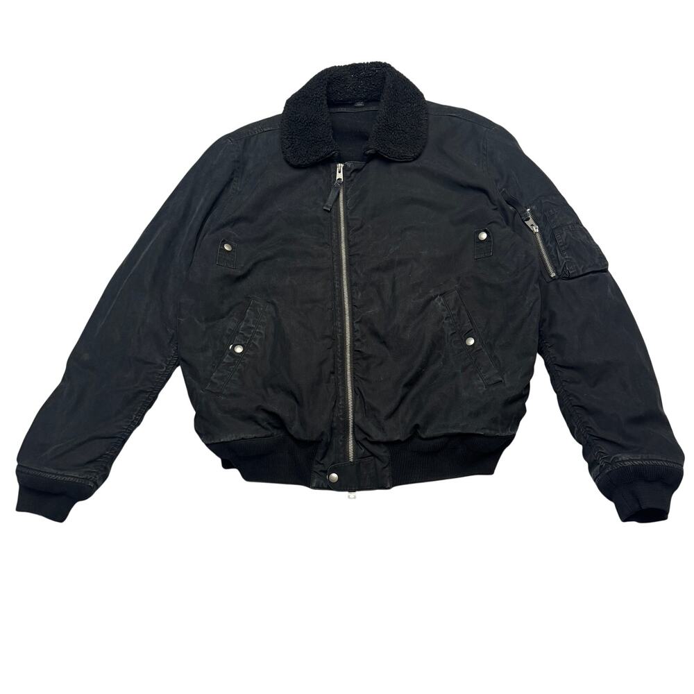 AllSaints Faro Bomber Men's Large Jet Black Military Flight Sherpa Collar Wool